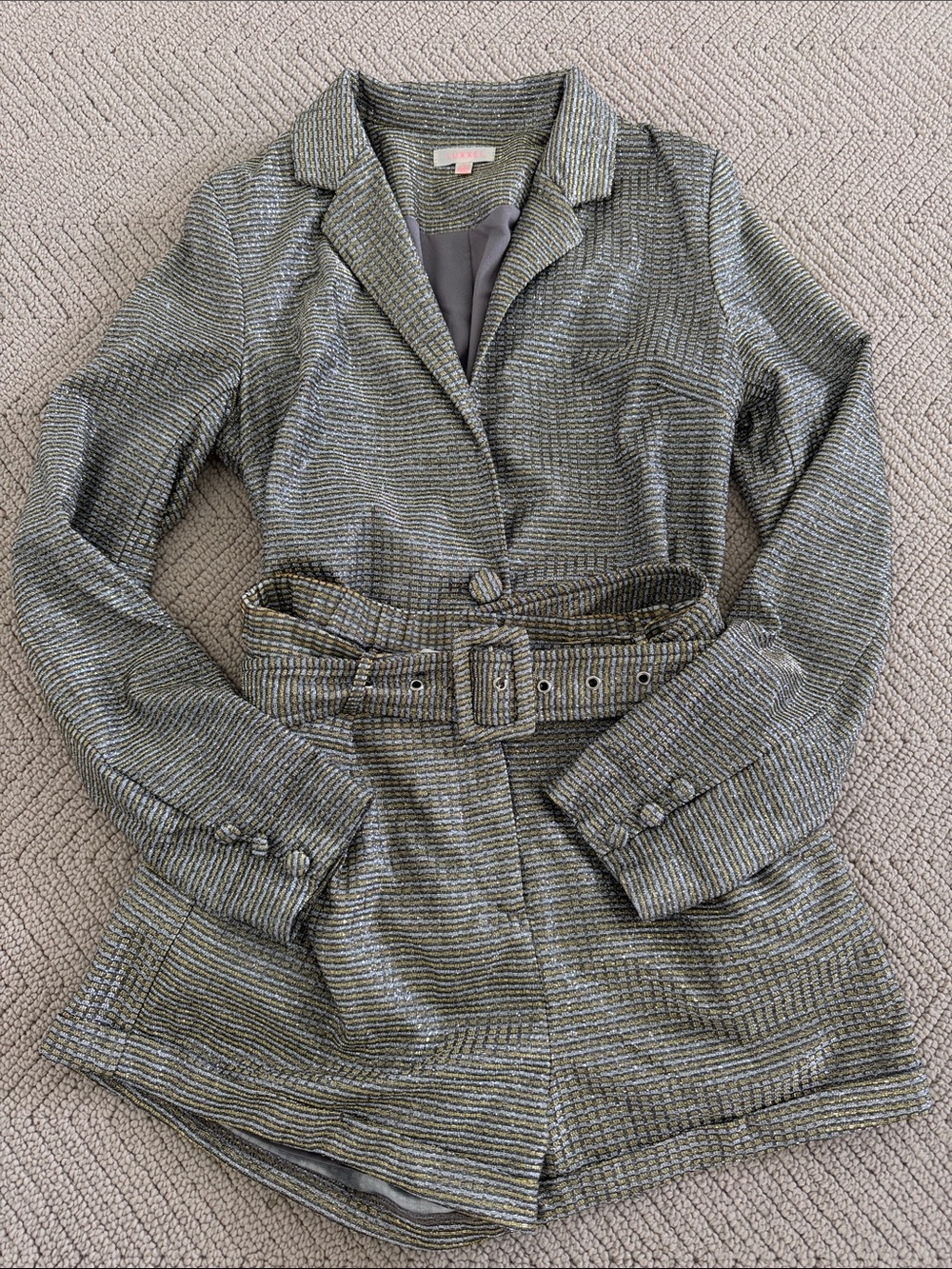 Luxxel Olive Green Textured Woven Belted Blazer